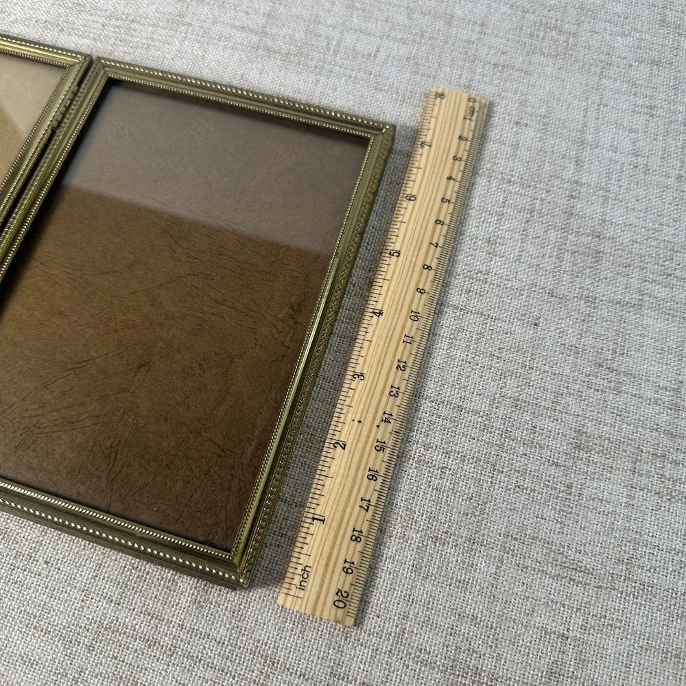 Vintage Brass Tone Double Picture Frame 5x7 | Ornate Hinged Folding Metal Frame
